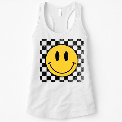 Retro Happy Face 70s Distressed Checkered Pattern Smile Face Womens Tank Top