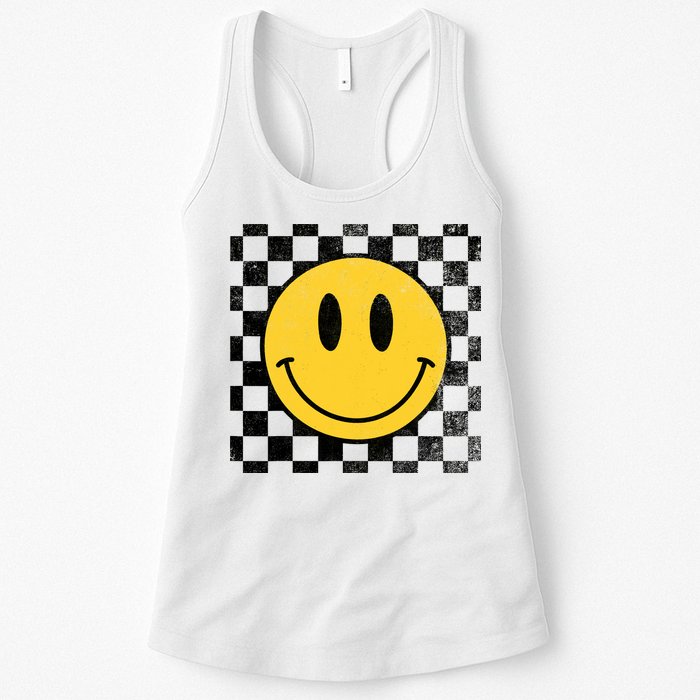 Retro Happy Face 70s Distressed Checkered Pattern Smile Face Womens Tank Top