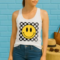 Retro Happy Face 70s Distressed Checkered Pattern Smile Face Womens Tank Top