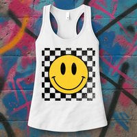 Retro Happy Face 70s Distressed Checkered Pattern Smile Face Womens Tank Top