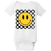 Retro Happy Face 70s Distressed Checkered Pattern Smile Face Baby Bodysuit