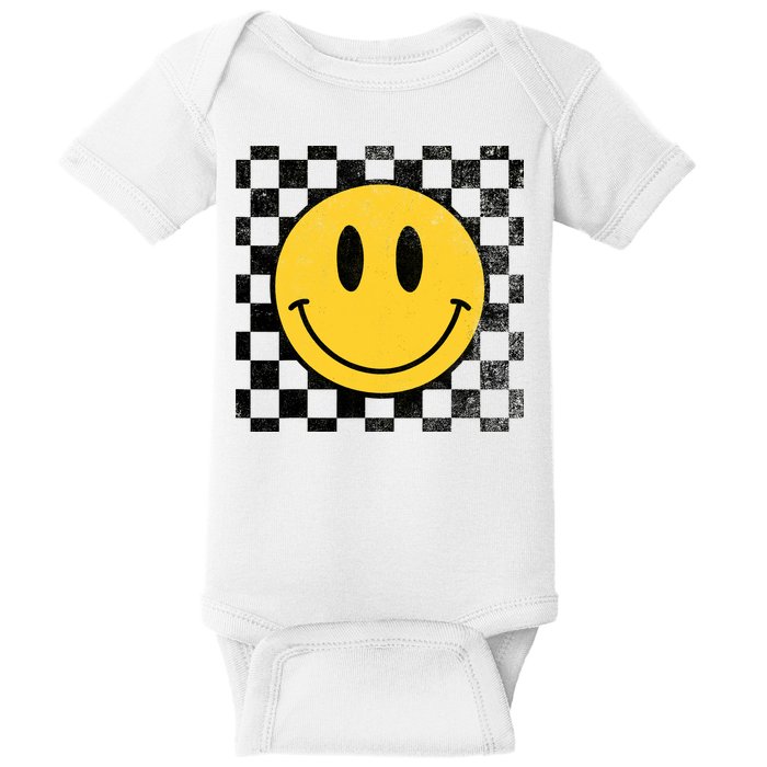 Retro Happy Face 70s Distressed Checkered Pattern Smile Face Baby Bodysuit