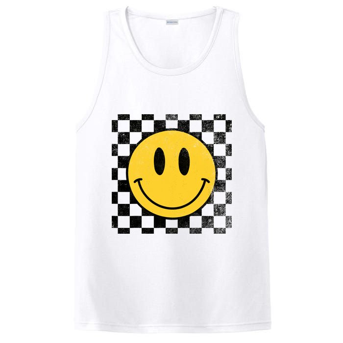 Retro Happy Face 70s Distressed Checkered Pattern Smile Face PosiCharge Competitor Tank