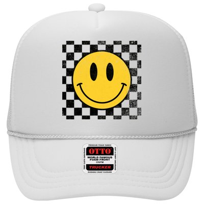 Retro Happy Face 70s Distressed Checkered Pattern Smile Face Trucker Hat