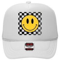Retro Happy Face 70s Distressed Checkered Pattern Smile Face Trucker Hat