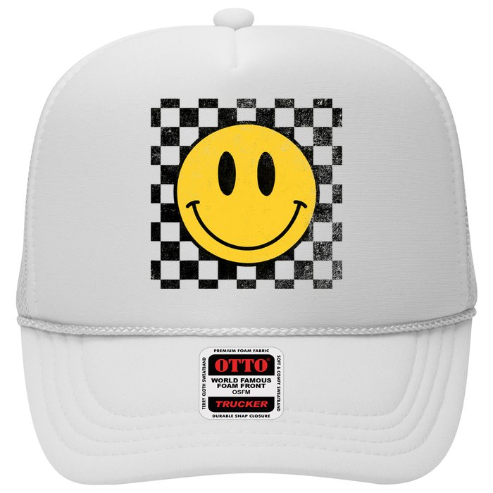 Retro Happy Face 70s Distressed Checkered Pattern Smile Face Trucker Hat