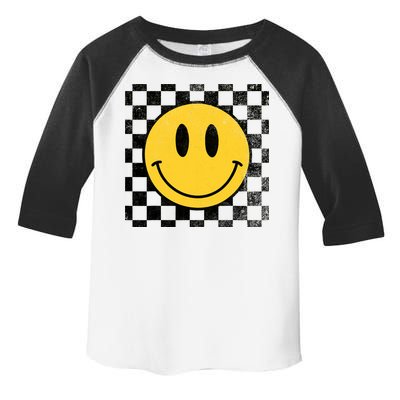Retro Happy Face 70s Distressed Checkered Pattern Smile Face Toddler Fine Jersey T-Shirt
