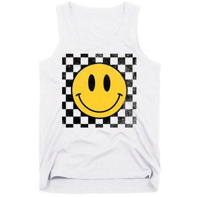 Retro Happy Face 70s Distressed Checkered Pattern Smile Face Tank Top