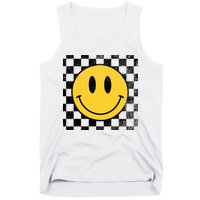 Retro Happy Face 70s Distressed Checkered Pattern Smile Face Tank Top