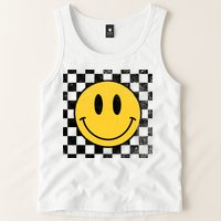 Retro Happy Face 70s Distressed Checkered Pattern Smile Face Tank Top