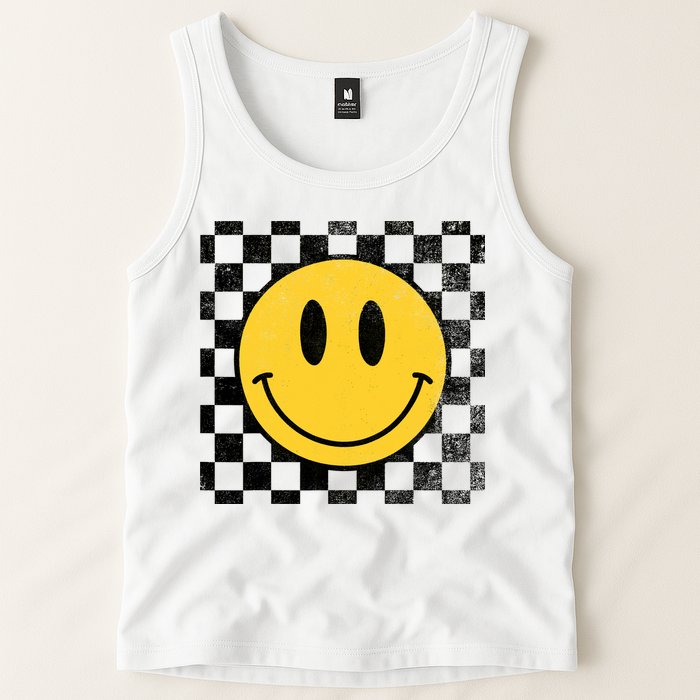 Retro Happy Face 70s Distressed Checkered Pattern Smile Face Tank Top