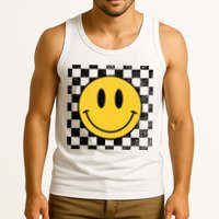 Retro Happy Face 70s Distressed Checkered Pattern Smile Face Tank Top