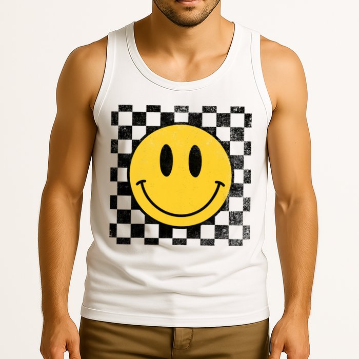 Retro Happy Face 70s Distressed Checkered Pattern Smile Face Tank Top