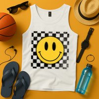 Retro Happy Face 70s Distressed Checkered Pattern Smile Face Tank Top