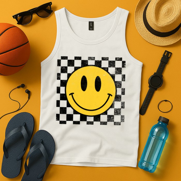 Retro Happy Face 70s Distressed Checkered Pattern Smile Face Tank Top