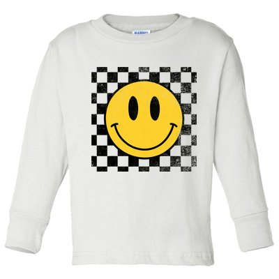 Retro Happy Face 70s Distressed Checkered Pattern Smile Face Toddler Long Sleeve Shirt