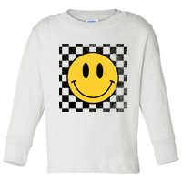 Retro Happy Face 70s Distressed Checkered Pattern Smile Face Toddler Long Sleeve Shirt