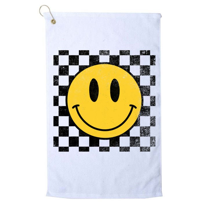Retro Happy Face 70s Distressed Checkered Pattern Smile Face Golf Towel