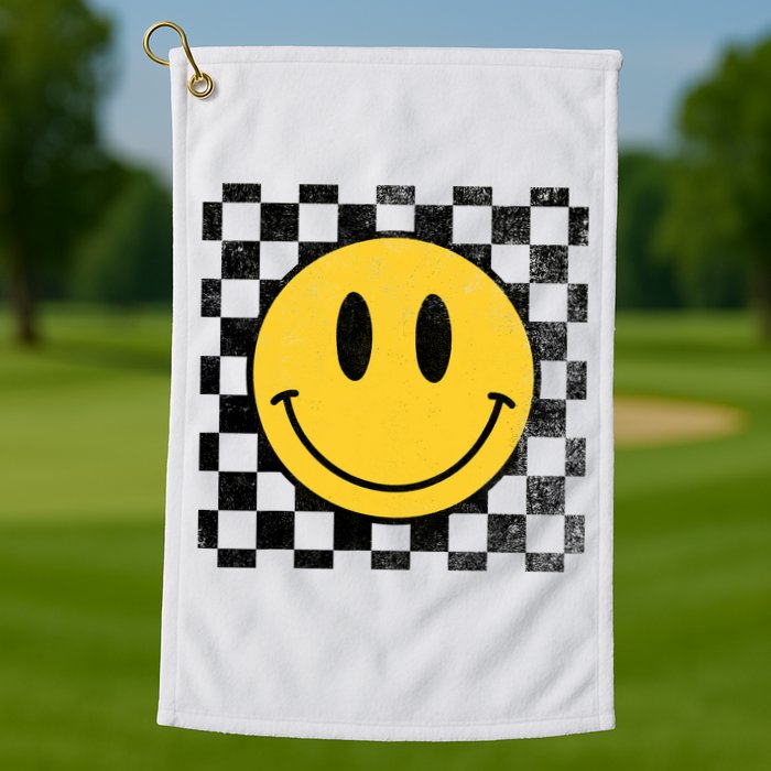 Retro Happy Face 70s Distressed Checkered Pattern Smile Face Golf Towel