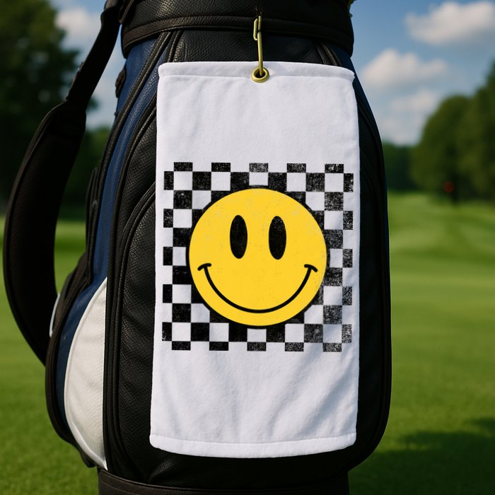 Retro Happy Face 70s Distressed Checkered Pattern Smile Face Golf Towel
