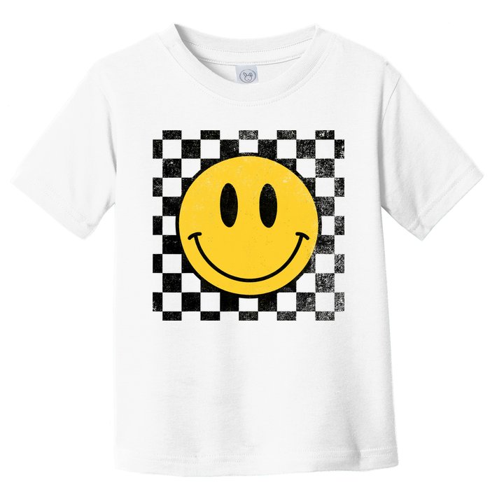 Retro Happy Face 70s Distressed Checkered Pattern Smile Face Toddler T-Shirt