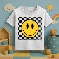 Retro Happy Face 70s Distressed Checkered Pattern Smile Face Toddler T-Shirt