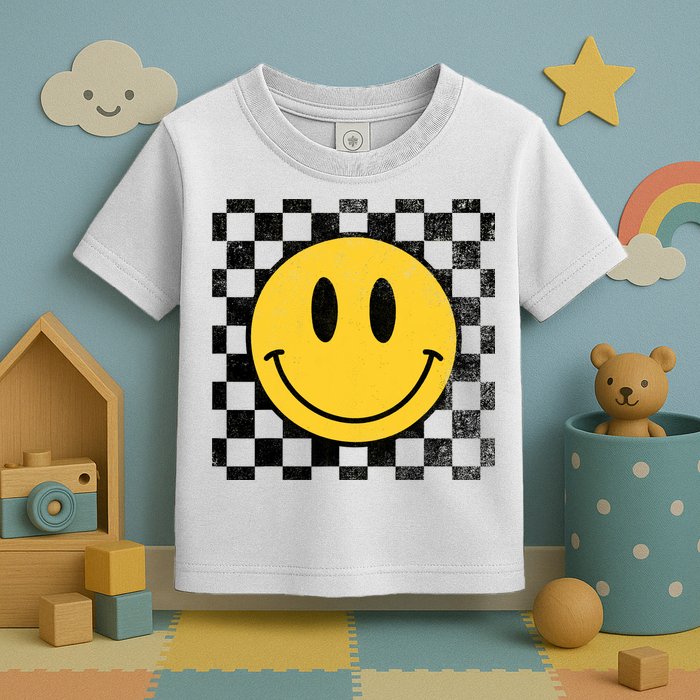 Retro Happy Face 70s Distressed Checkered Pattern Smile Face Toddler T-Shirt