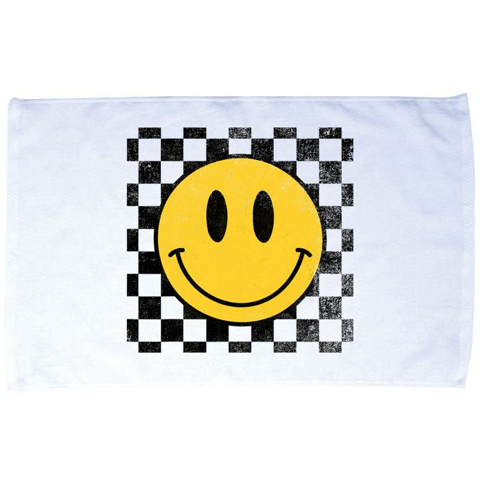 Retro Happy Face 70s Distressed Checkered Pattern Smile Face Microfiber Hand Towel