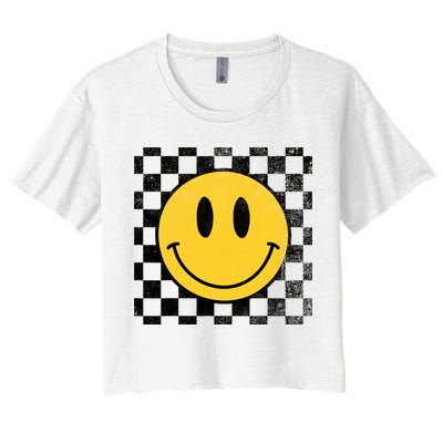 Retro Happy Face 70s Distressed Checkered Pattern Smile Face Crop Top