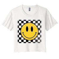 Retro Happy Face 70s Distressed Checkered Pattern Smile Face Crop Top