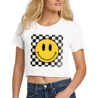Retro Happy Face 70s Distressed Checkered Pattern Smile Face Crop Top