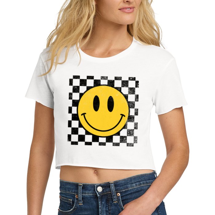 Retro Happy Face 70s Distressed Checkered Pattern Smile Face Crop Top