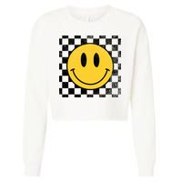 Retro Happy Face 70s Distressed Checkered Pattern Smile Face Cropped Pullover Crew