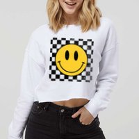 Retro Happy Face 70s Distressed Checkered Pattern Smile Face Cropped Pullover Crew