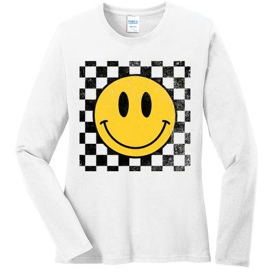Retro Happy Face 70s Distressed Checkered Pattern Smile Face Ladies Long Sleeve Shirt