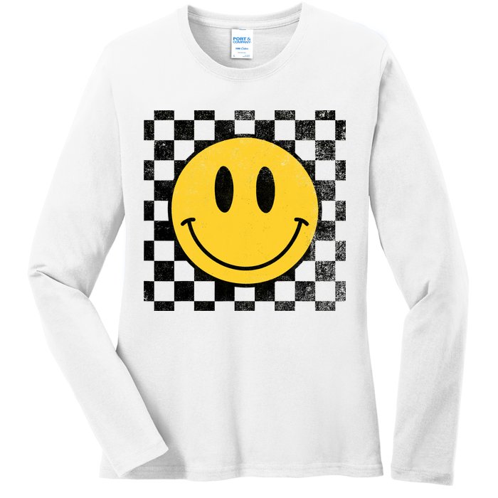 Retro Happy Face 70s Distressed Checkered Pattern Smile Face Ladies Long Sleeve Shirt