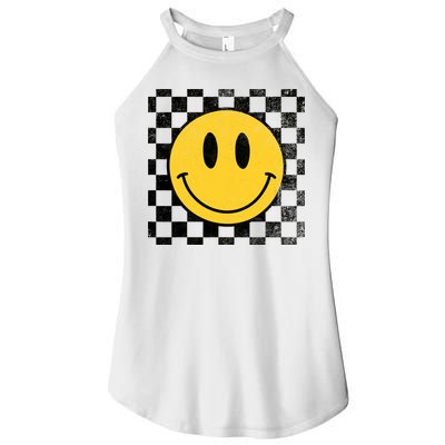 Retro Happy Face 70s Distressed Checkered Pattern Smile Face Women's Perfect Tri Rocker Tank
