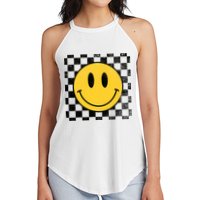 Retro Happy Face 70s Distressed Checkered Pattern Smile Face Women's Perfect Tri Rocker Tank