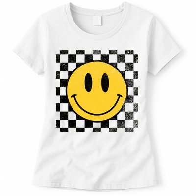 Retro Happy Face 70s Distressed Checkered Pattern Smile Face Womens T-Shirt