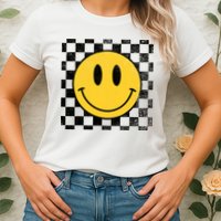 Retro Happy Face 70s Distressed Checkered Pattern Smile Face Womens T-Shirt