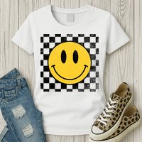 Retro Happy Face 70s Distressed Checkered Pattern Smile Face Womens T-Shirt