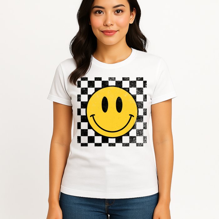 Retro Happy Face 70s Distressed Checkered Pattern Smile Face Womens T-Shirt