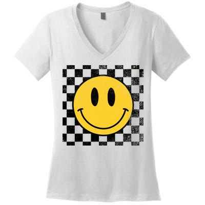 Retro Happy Face 70s Distressed Checkered Pattern Smile Face Women's V-Neck T-Shirt
