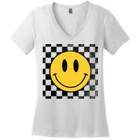 Retro Happy Face 70s Distressed Checkered Pattern Smile Face Women's V-Neck T-Shirt