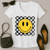 Retro Happy Face 70s Distressed Checkered Pattern Smile Face Women's V-Neck T-Shirt