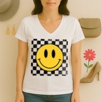 Retro Happy Face 70s Distressed Checkered Pattern Smile Face Women's V-Neck T-Shirt