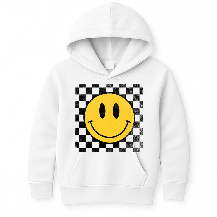 Retro Happy Face 70s Distressed Checkered Pattern Smile Face Kids Hoodie