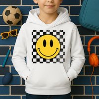 Retro Happy Face 70s Distressed Checkered Pattern Smile Face Kids Hoodie