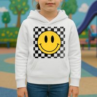 Retro Happy Face 70s Distressed Checkered Pattern Smile Face Kids Hoodie