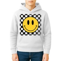 Retro Happy Face 70s Distressed Checkered Pattern Smile Face Kids Hoodie